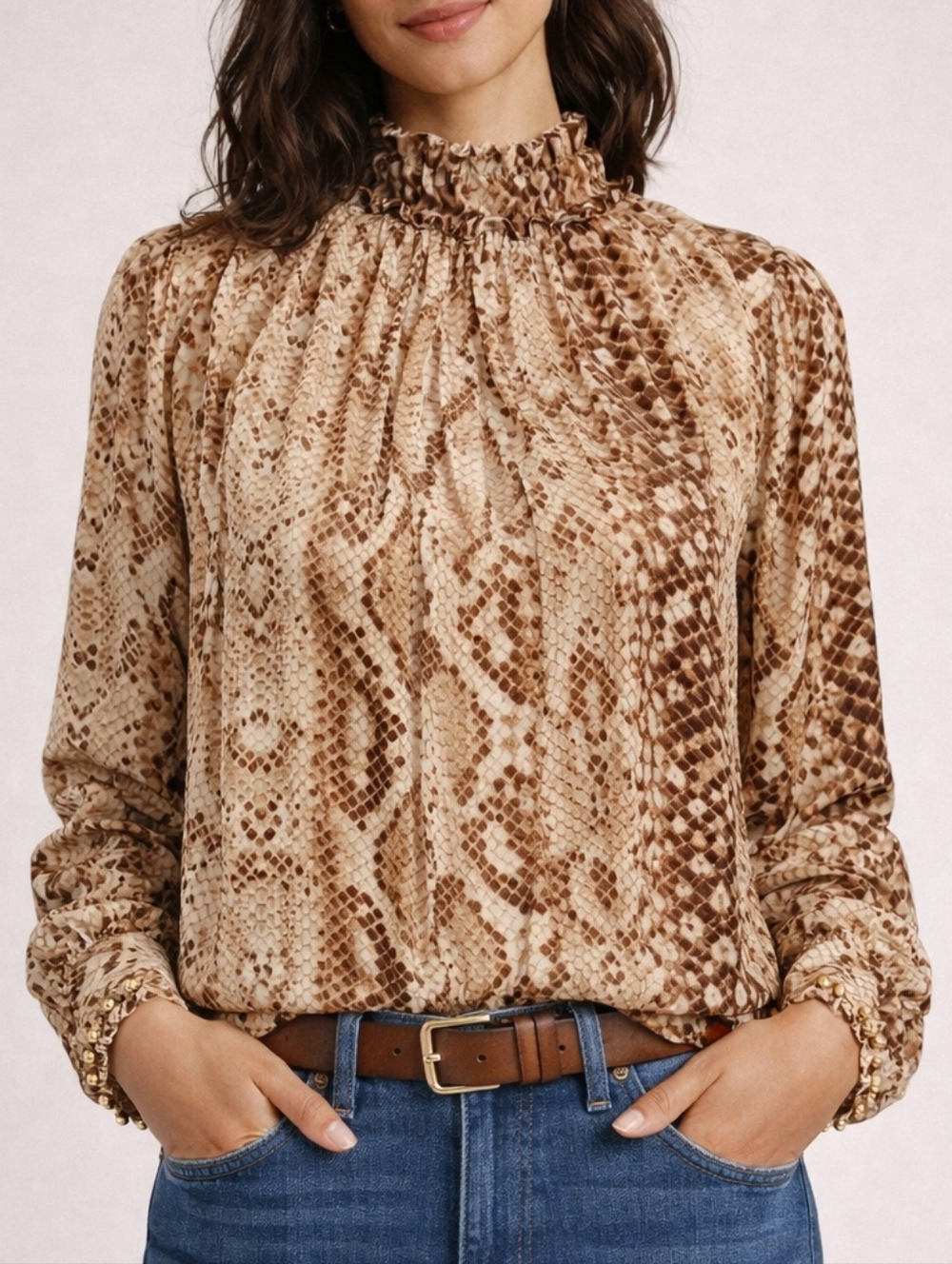 H&M Cream Tan Snakeskin Blouse with Flutter Sleeves NWT